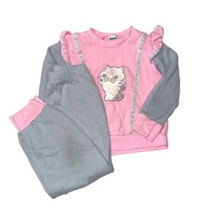 Vintage Stone Apparel Girls Pink Grey Kitten Ruffle Sweat Suit Set Size 5-6 USA
